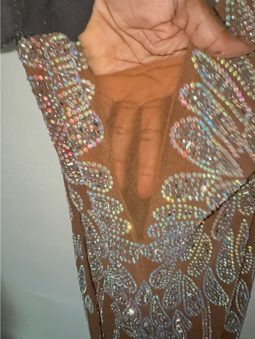 Sheer Brown Evening Dress with Iridescent Rhinestones